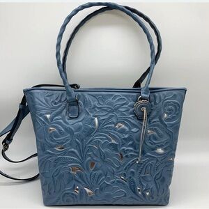 NWT-🌷PATRICIA NASH ADELINE LEATHER CUTOUT TOOLED SAFFLOWER BLUE TOTE.